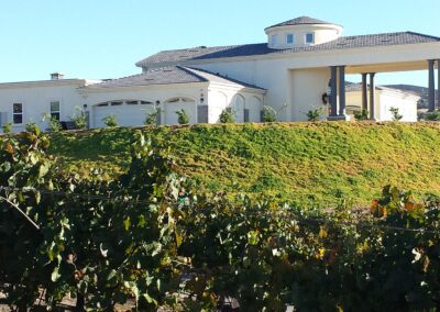A large house sits on top of a hill next to a vineyard.